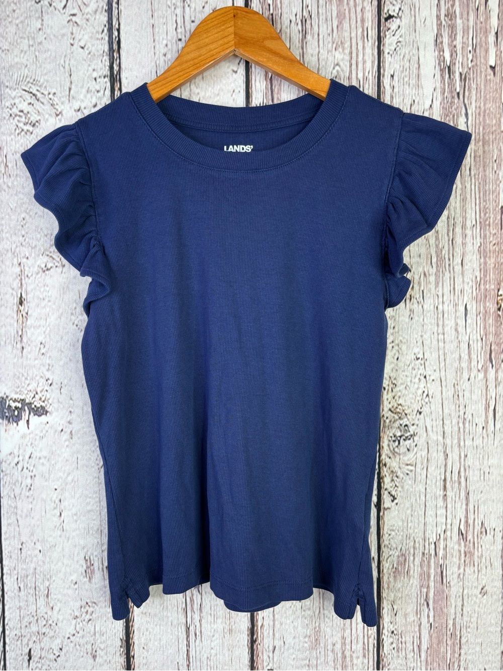 Lands’ End Navy Blue Ribbed Top Size Small Petite 6/8P Flutter Cap Sleeves